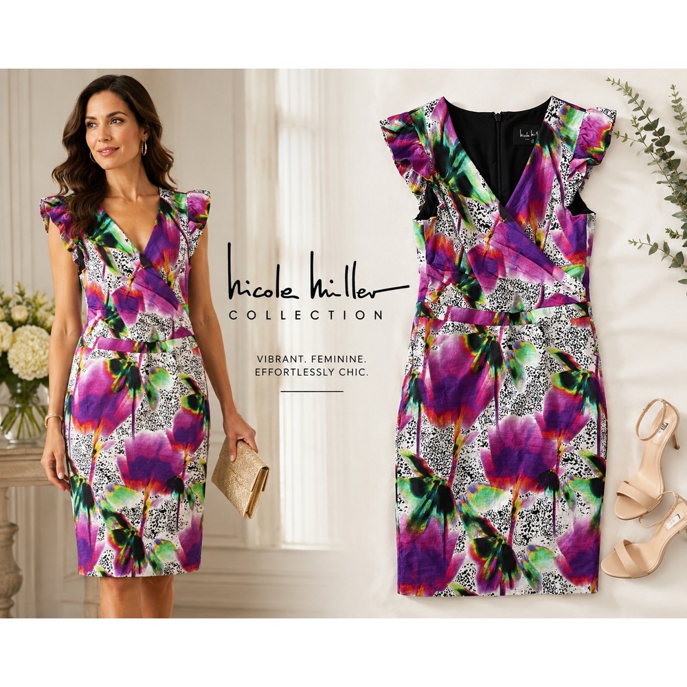 Nicole Miller Collection Watercolor Floral Sheath Midi Dress Size 12